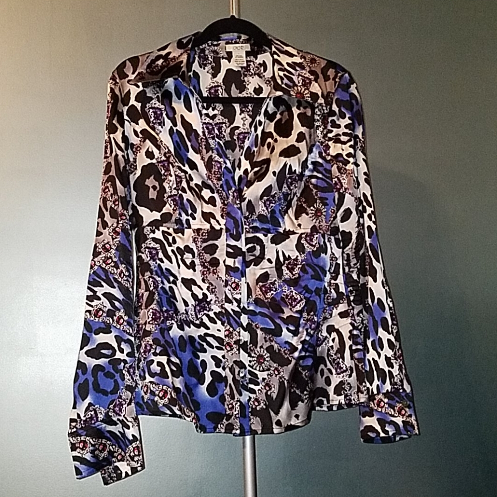 Womens multicolored stretchy satin Cache blouse